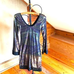 Hale Bob Purple Green Sequin Flare Dress, EUC, XS